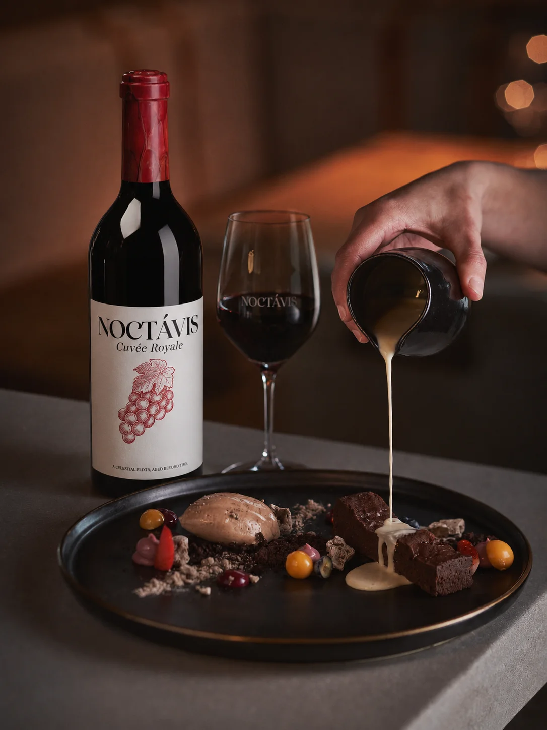Noctavis wine beside a plated meal as a hand holds a glass