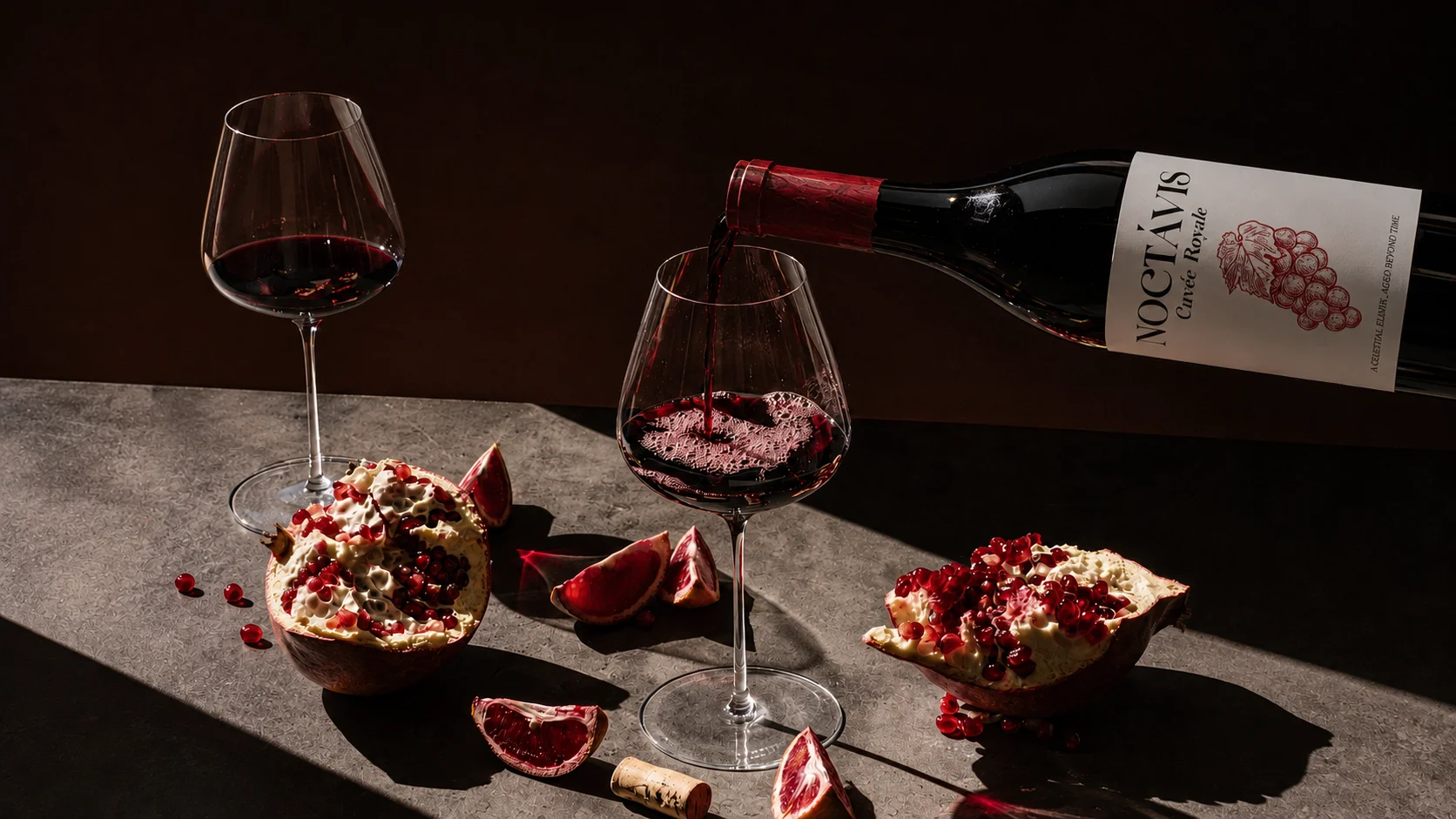 Noctavis red wine poured beside two glasses and cut pomegranates in directional light