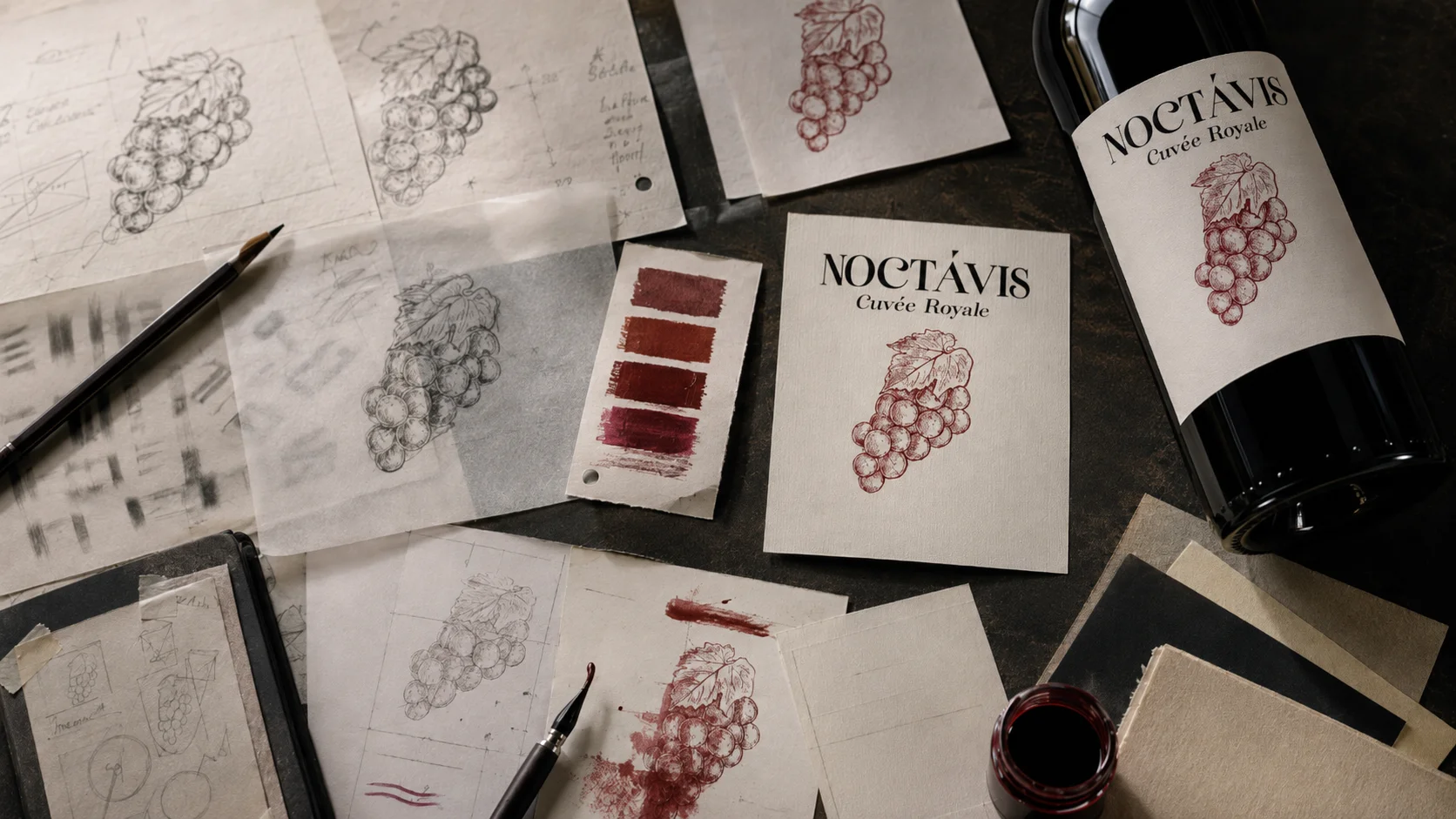 Noctavis bottle with label studies, grape illustrations, paper samples, and a red color palette