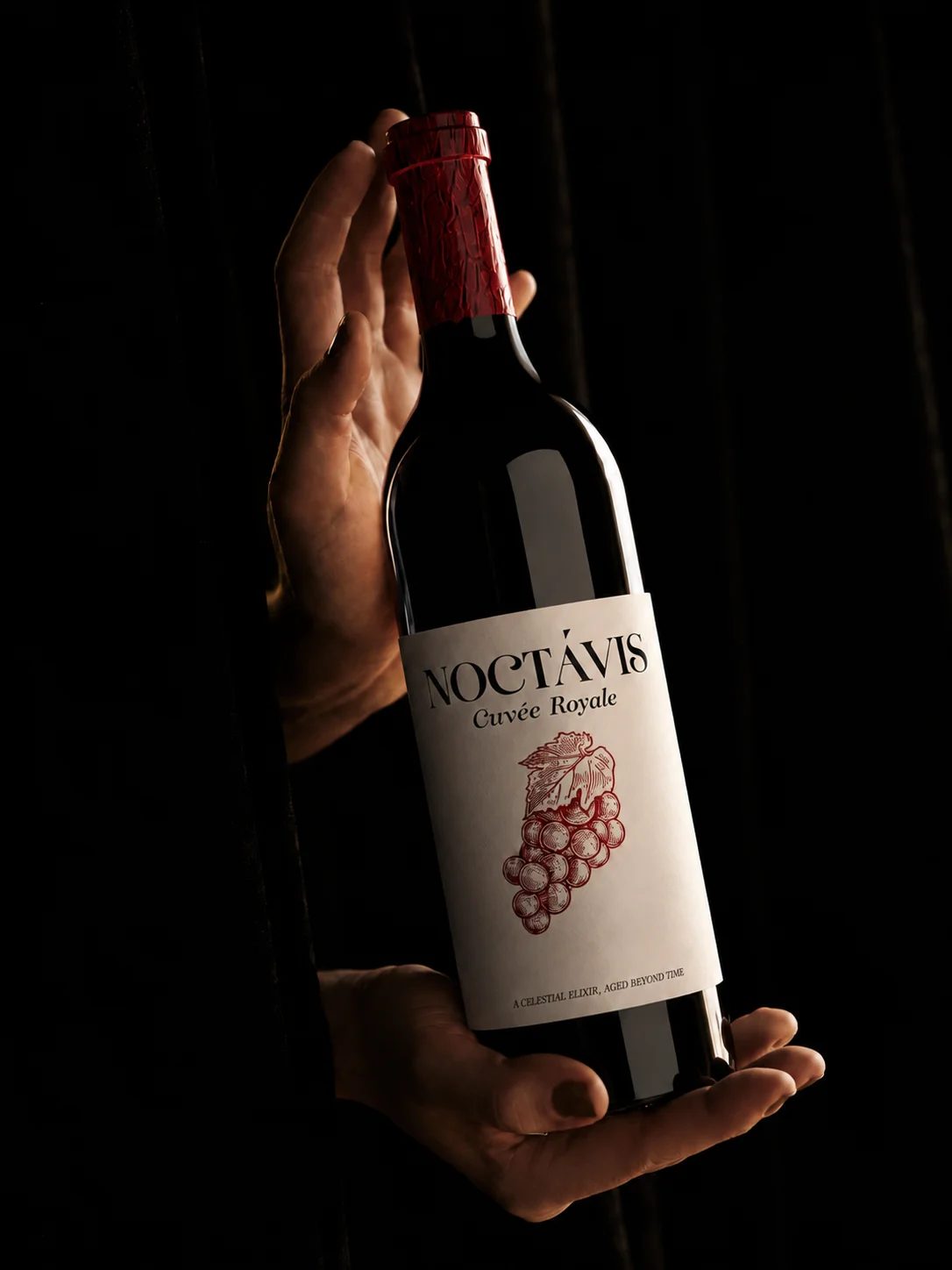 Hands holding a Noctavis wine bottle against a dark background